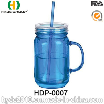 2017 en gros double paroi en plastique Mason Jar avec paille (HDP-0007)